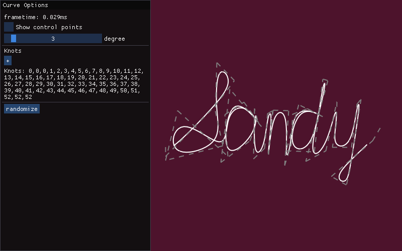 sandy in cursive with b-splines
